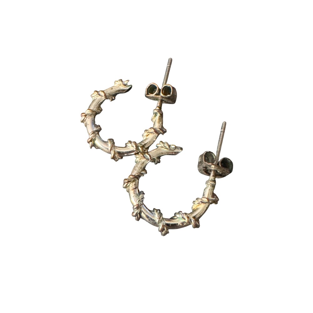 Silver Tone Vine Branch Textured C-Hoop Earrings Gothic Nature Inspired Jewelry